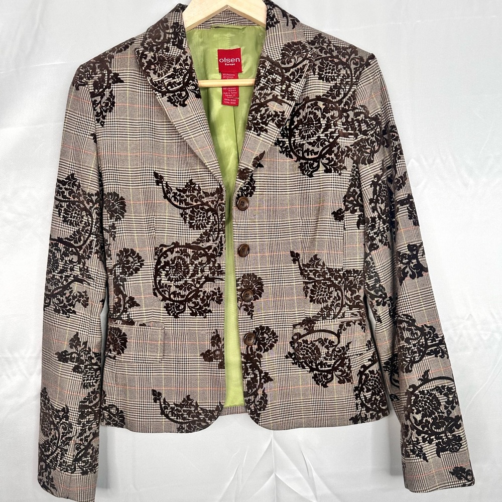 Olsen Blazer Size 4 Plaid Burnout Velvet Floral‎ Jacket with Shoulder Pads Lined